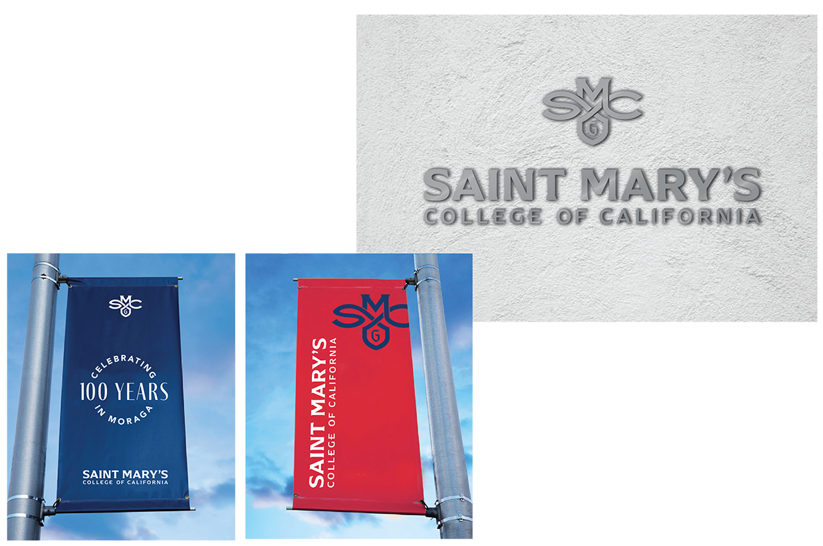 Saint Mary's College plaque and 50 years banners