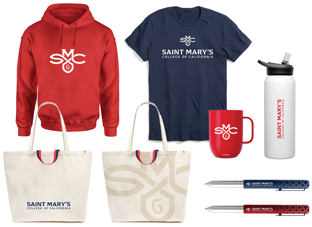 Sweatshirt, tshirt, mug, waterbottle, totes, and pens with the saint mary's college of california on them