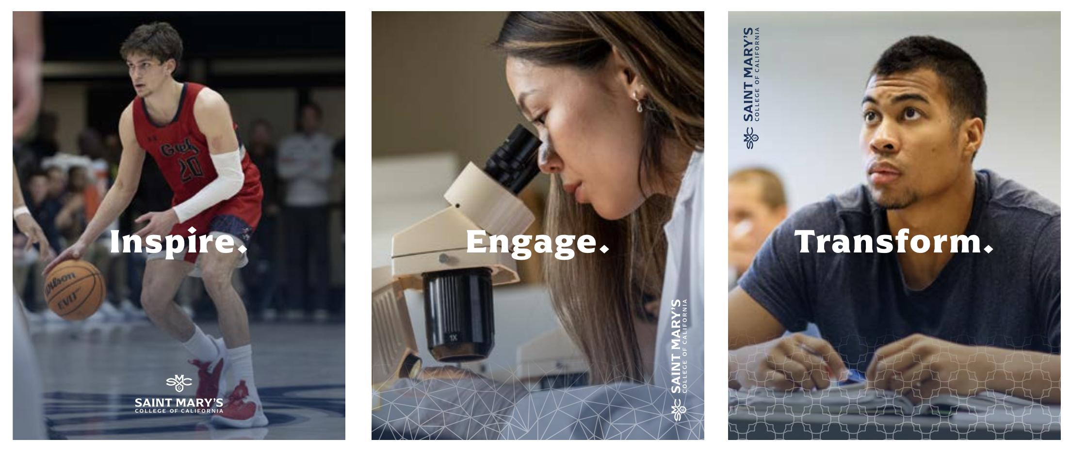 Three pictures of Saint Mary's students: playing basketball, at a microscope, in a classroom - from 2023 Branding Guidlelines