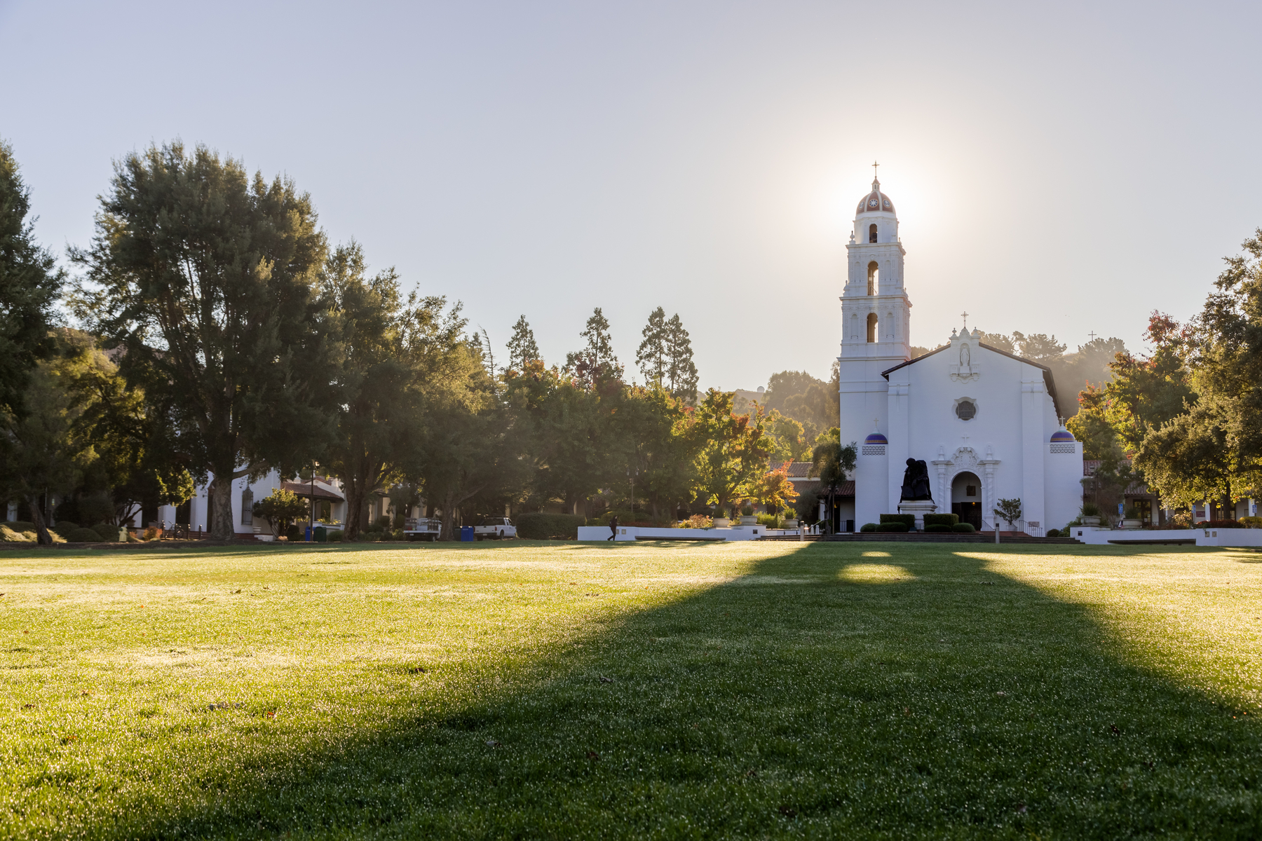 The Saint Mary's Chapel with a green lawn in front of it