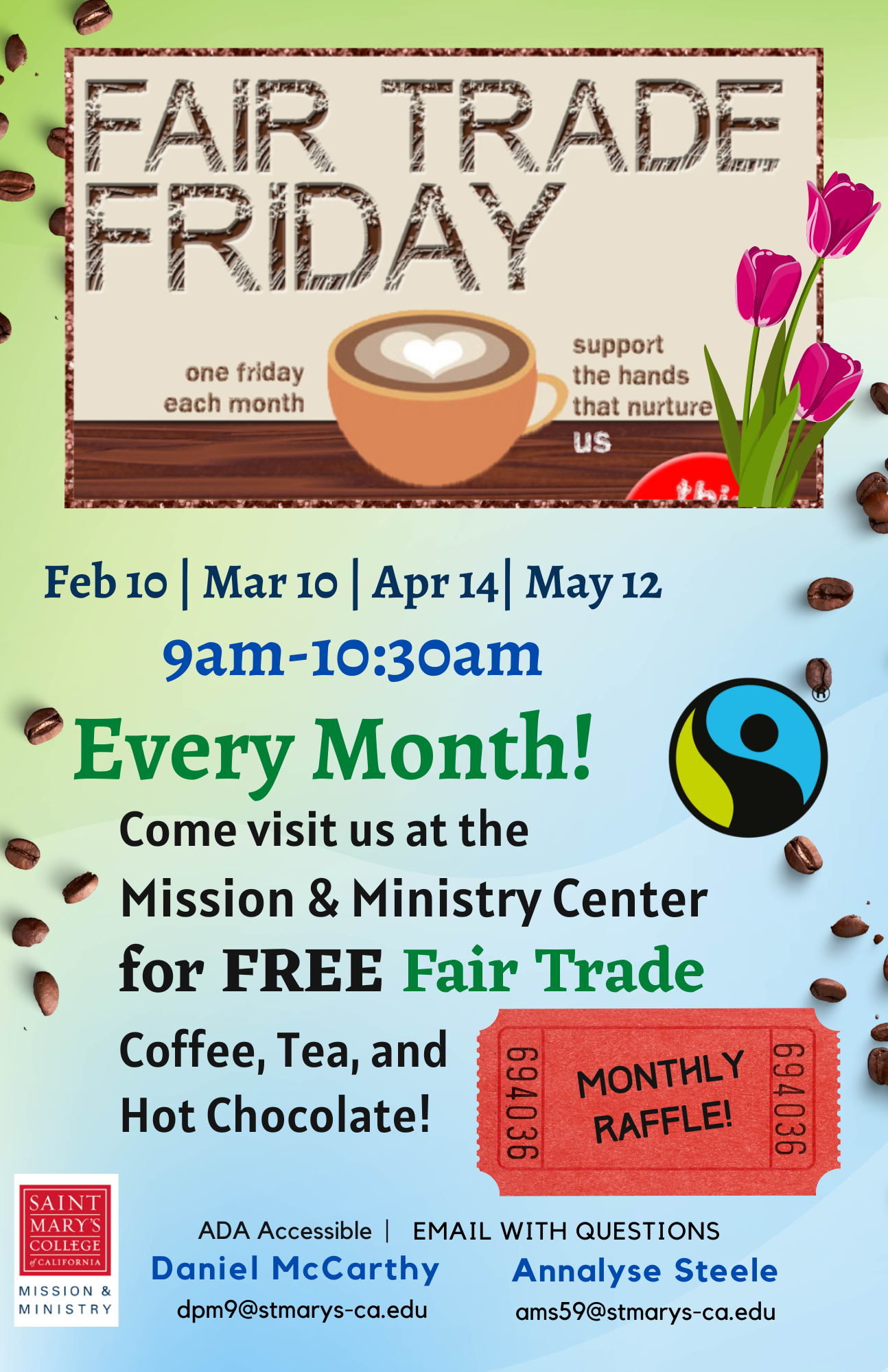 Flyer with the words "Fair Trade Friday" and details of the upcoming event