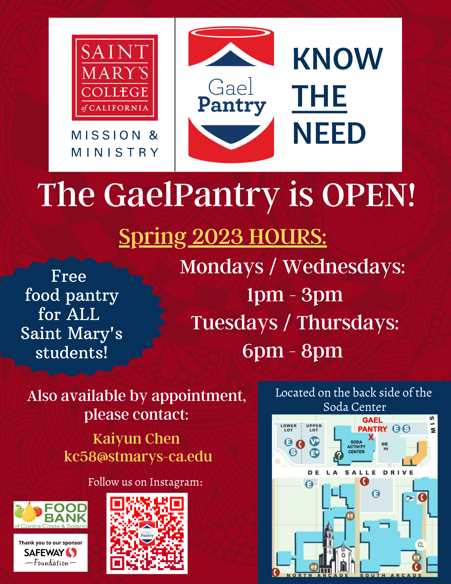 Flyer with a red background, the GaelPantry logo, a map of the GaelPantry location, and the GaelPantry hours for Spring 2023.