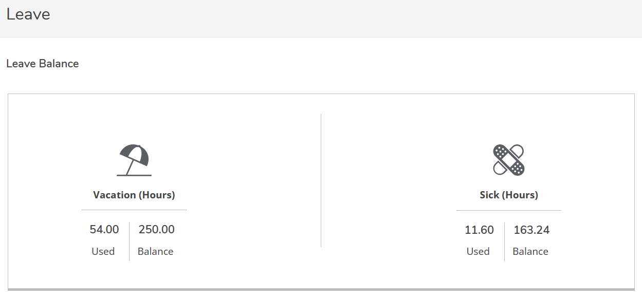 Leave Balance screen shot. Leave balance displays vacation hours and sick hours.