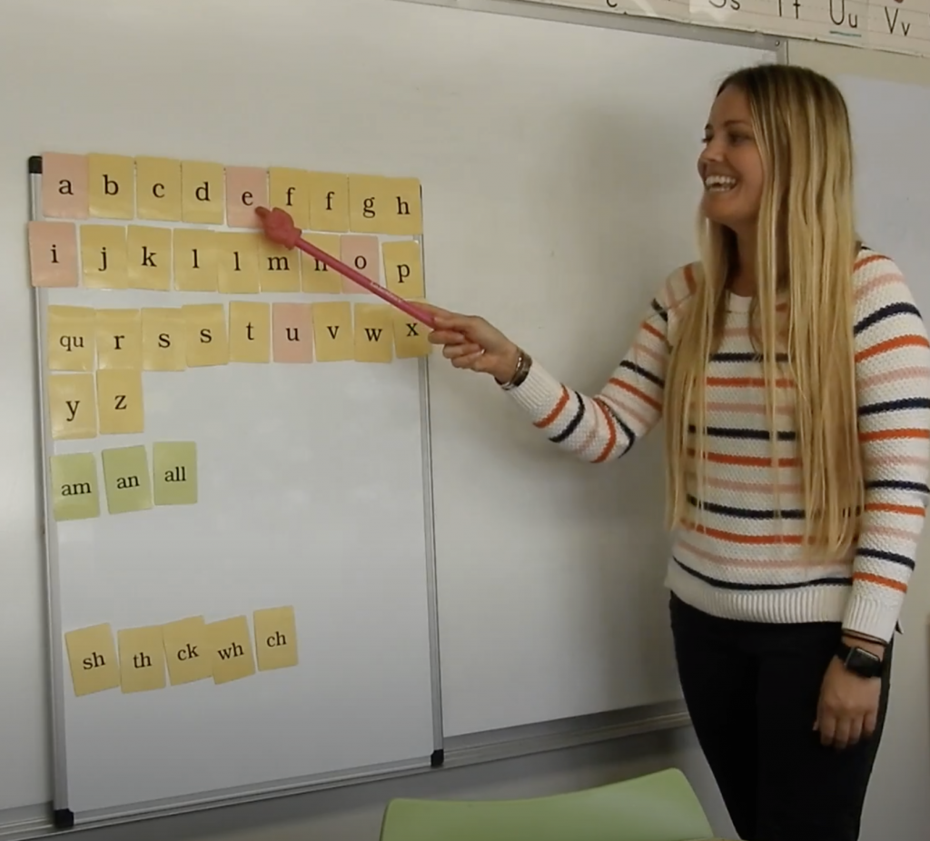 A teacher with a pointer in front of a whiteboard