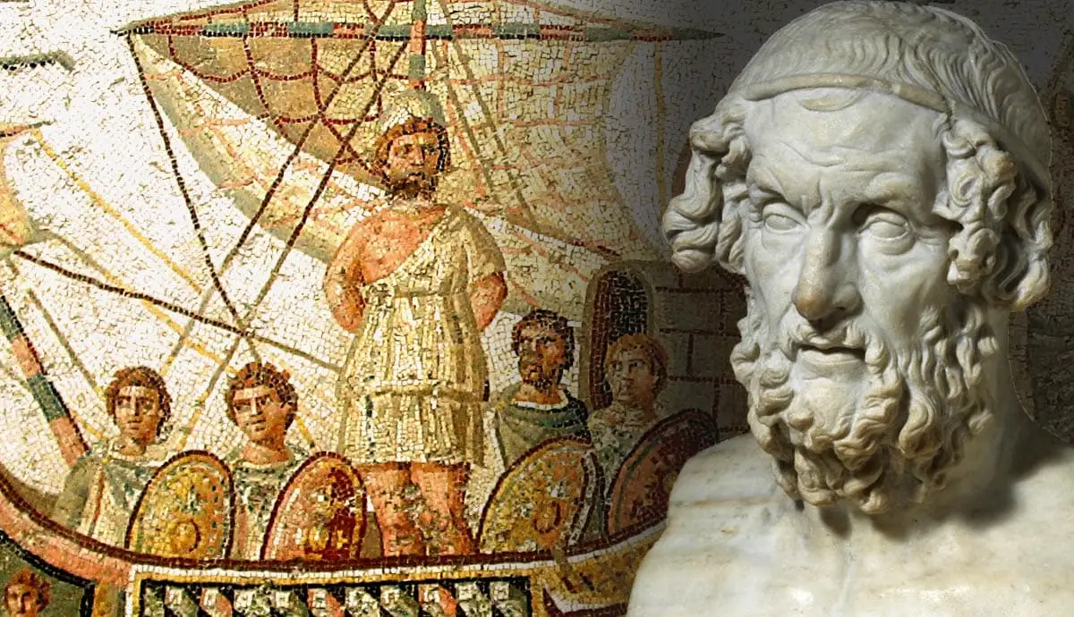 Bust of Homer in front of a depiction of Odysseus tied to the mast of his ship