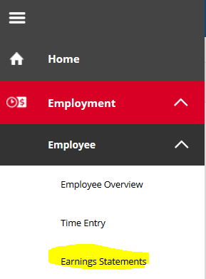 Earning Statement link found under Employment in GaelXpress 2.0