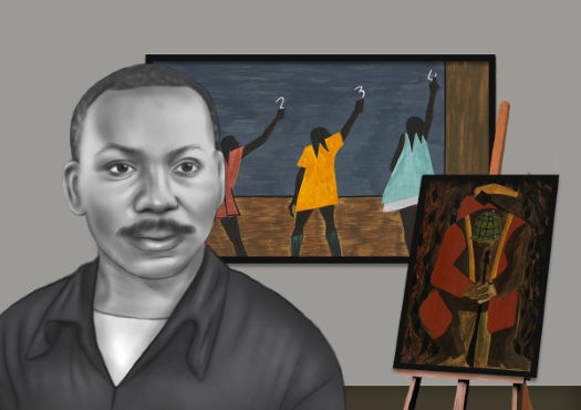 Stylized portrait of Jacob Lawrence in front of art
