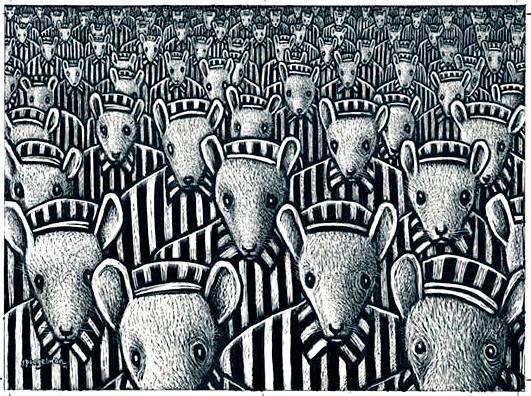 Image from Maus, hundreds of cartoon mice in striped uniforms