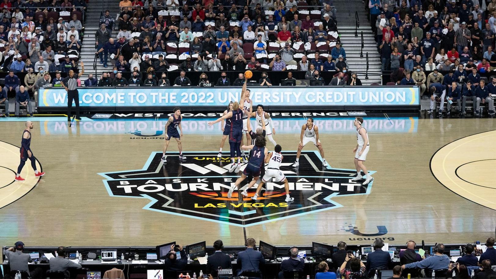 WCC Basketball Tournament 2022 floor shot with Gaels playing