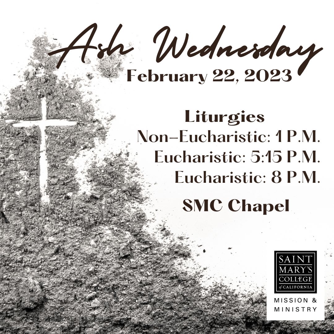 White and gray image of a cross and ashes with the times for Ash Wednesday liturgies in the SMC Chapel