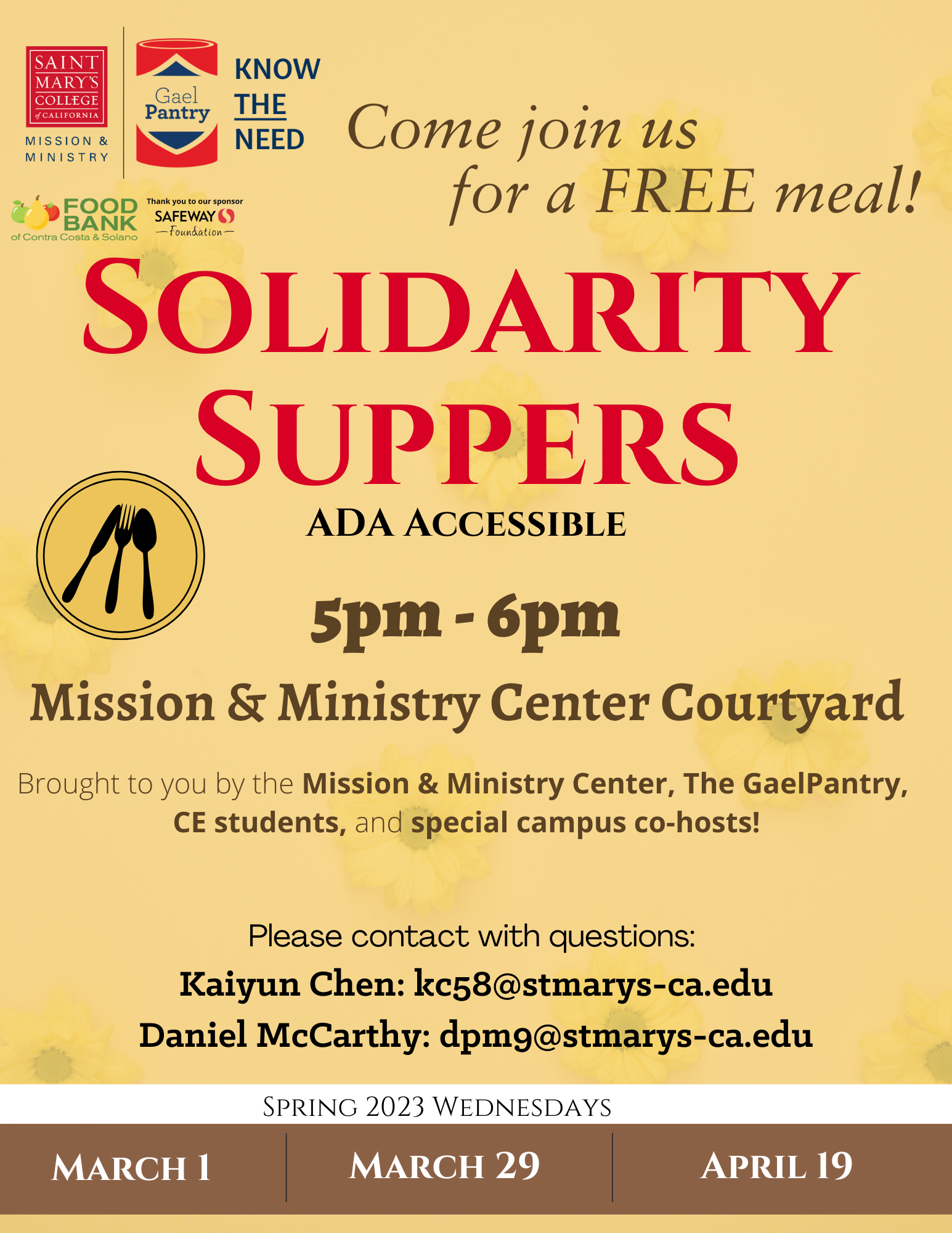 Yellow verticle image with the dates and times for Solidarity Suppers during spring semester 2023 Yellow verticle image with the dates and times for Solidarity Suppers during spring semester 2023