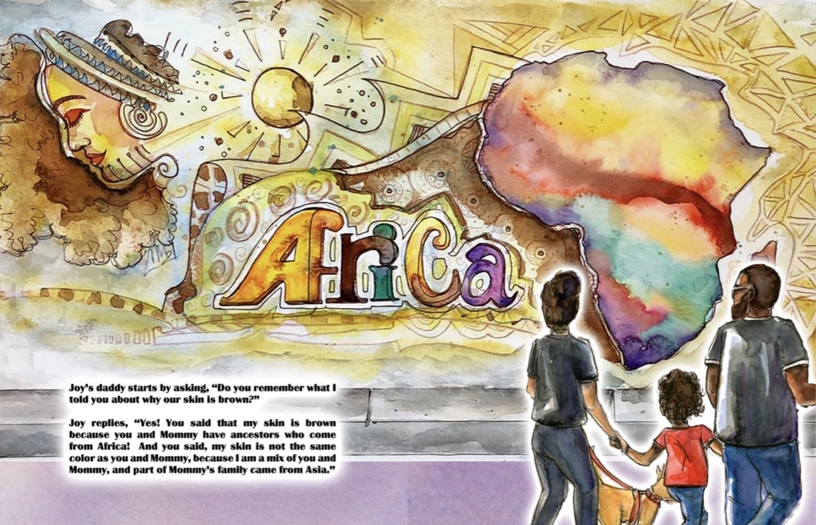 Page from Black Joy by Bedford Palmer showing a family in front of an Africa mural