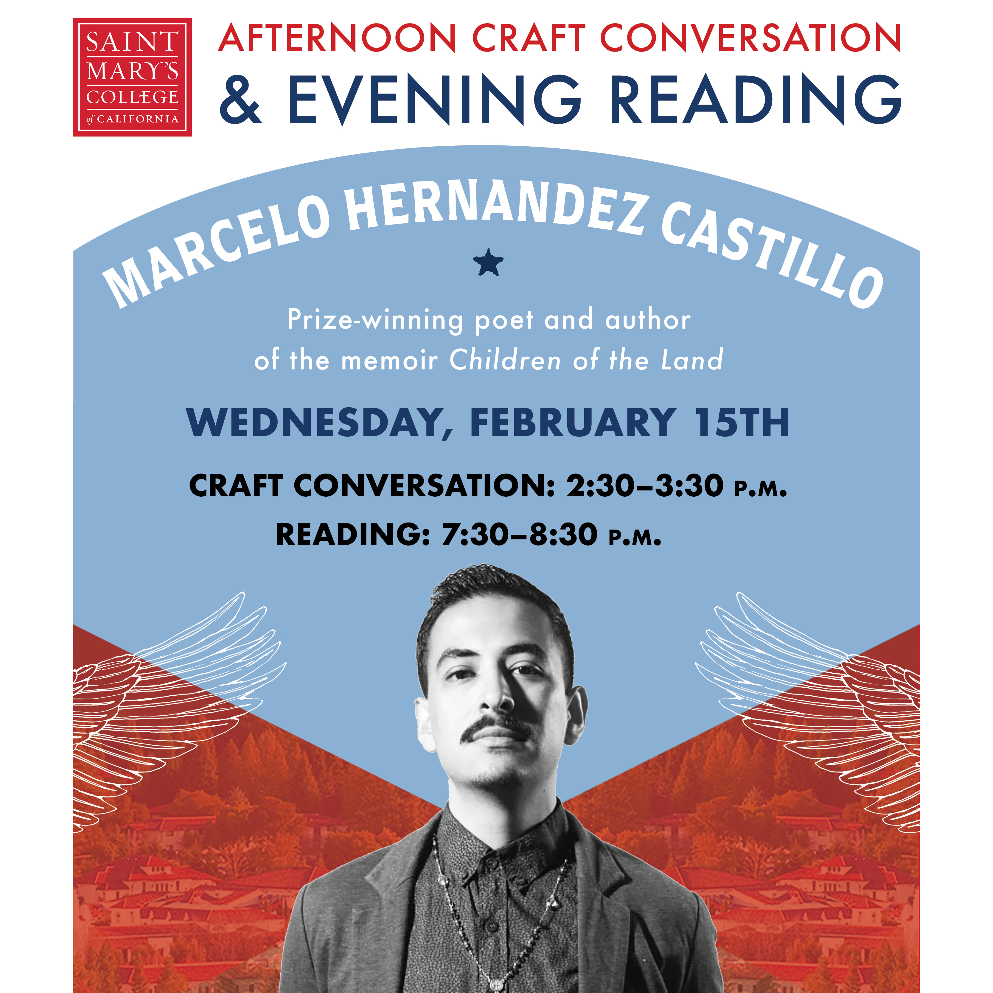 Poster for the MFA in Creative Writing events featuring Marcelo Hernandez Castillo.