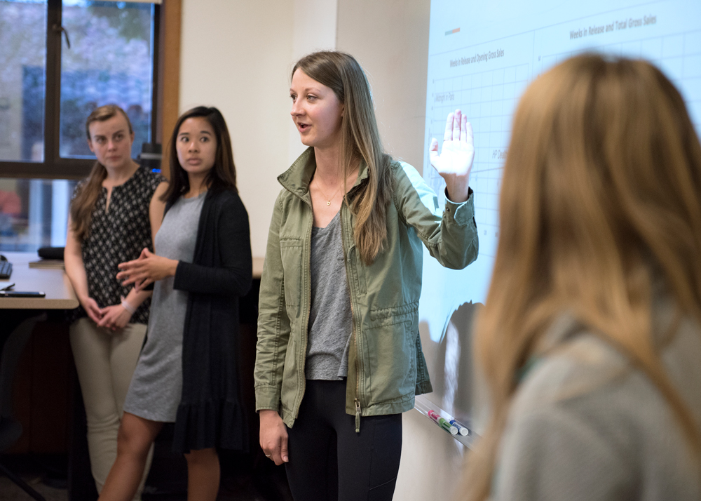 A student in a graduate class giving a presentation