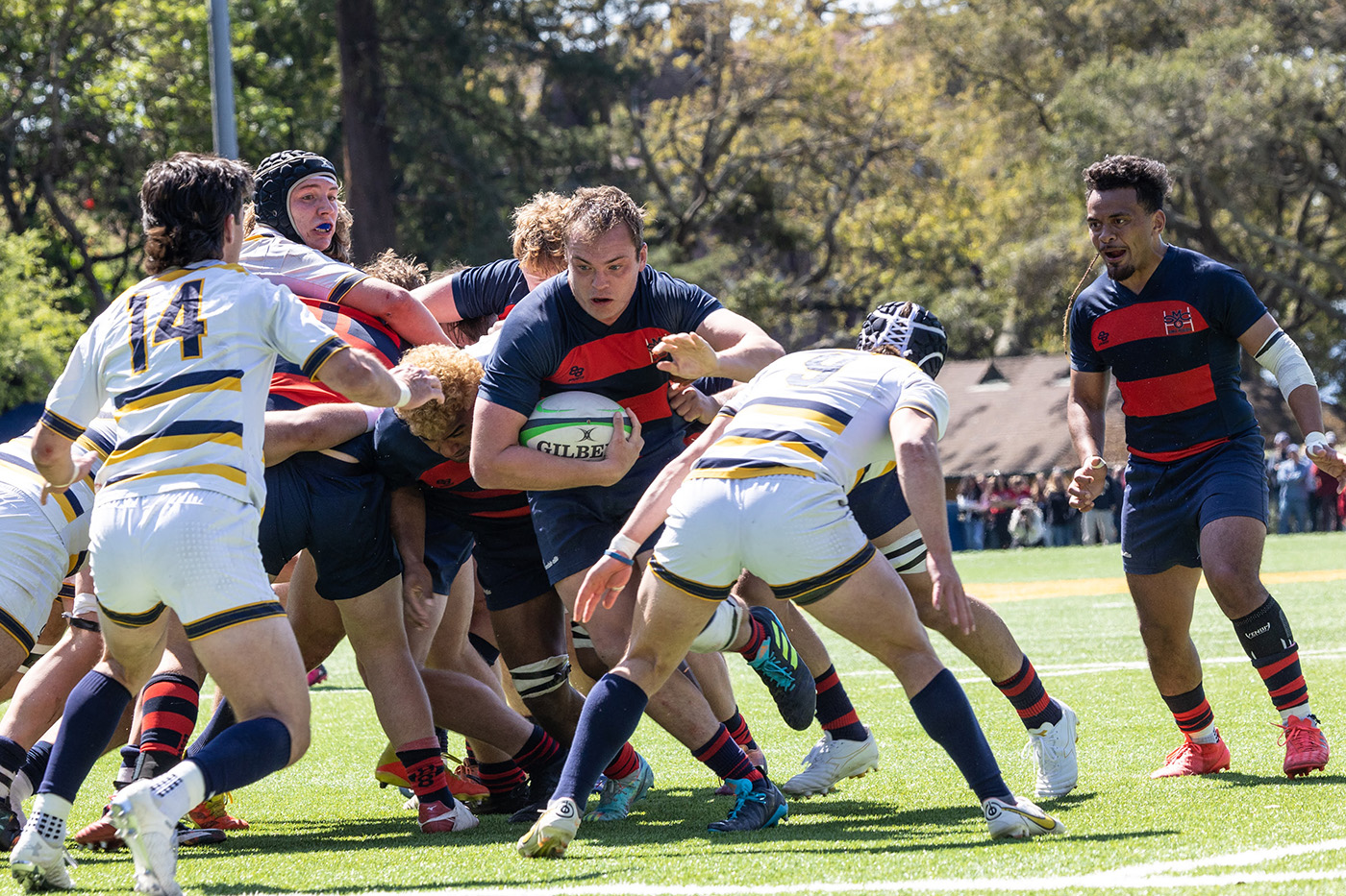Saint Mary's rugby player Josh Allen with the ball in a scrum against UC Berkeley March 25, 2023