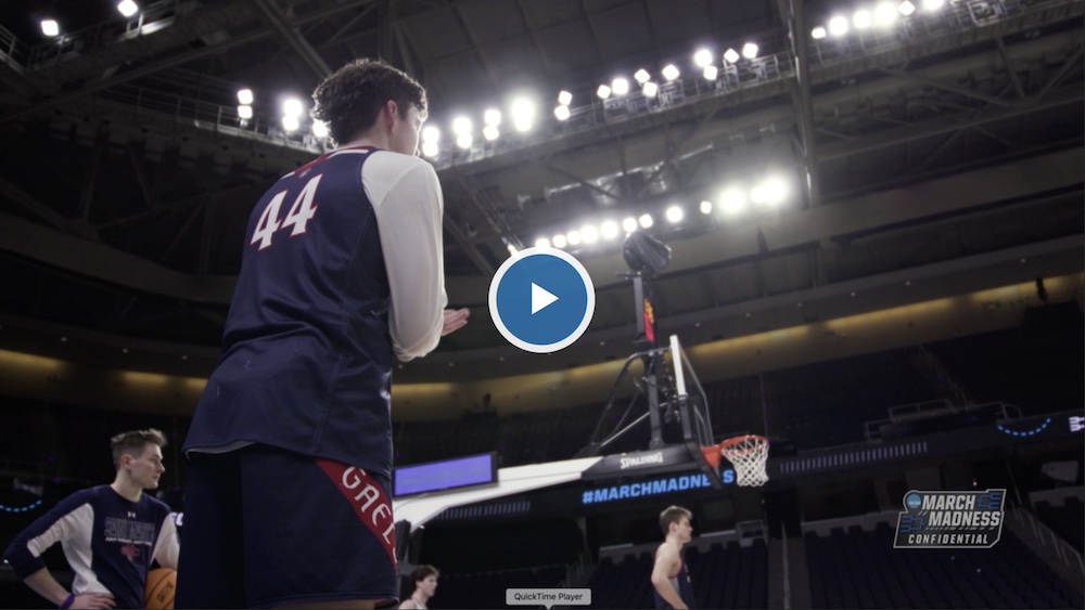 Back of basketball player Alex Ducas, No. 44, at practice for NCAA Tournament in March 2023