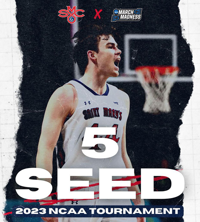 Men's Basketball Player Alex Ducas and the words "5 Seed, 2023 NCAA Tournament"