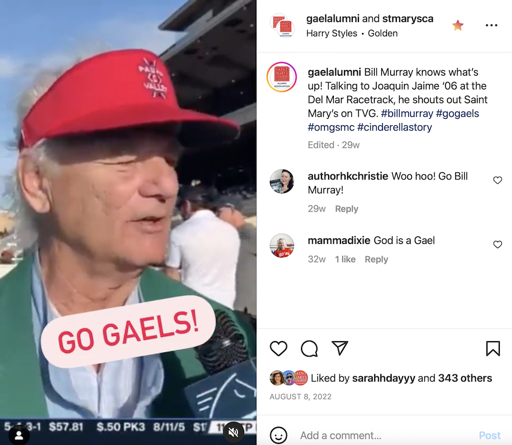 Actor Bill Murray talking on camera and words "Go Gaels!"