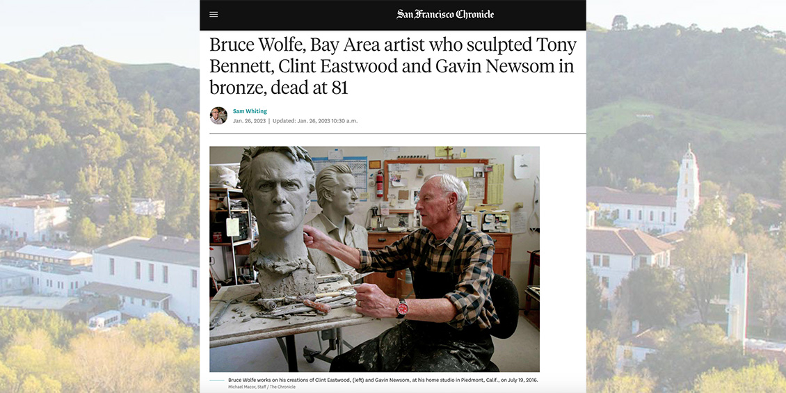 Sculptor Bruce Wolfe in studio with headline: Bruce Wolfe, Bay Area artist who sculpted Tony Bennett, Clint Eastwood and Gavin Newsom in bronze, dead at 81