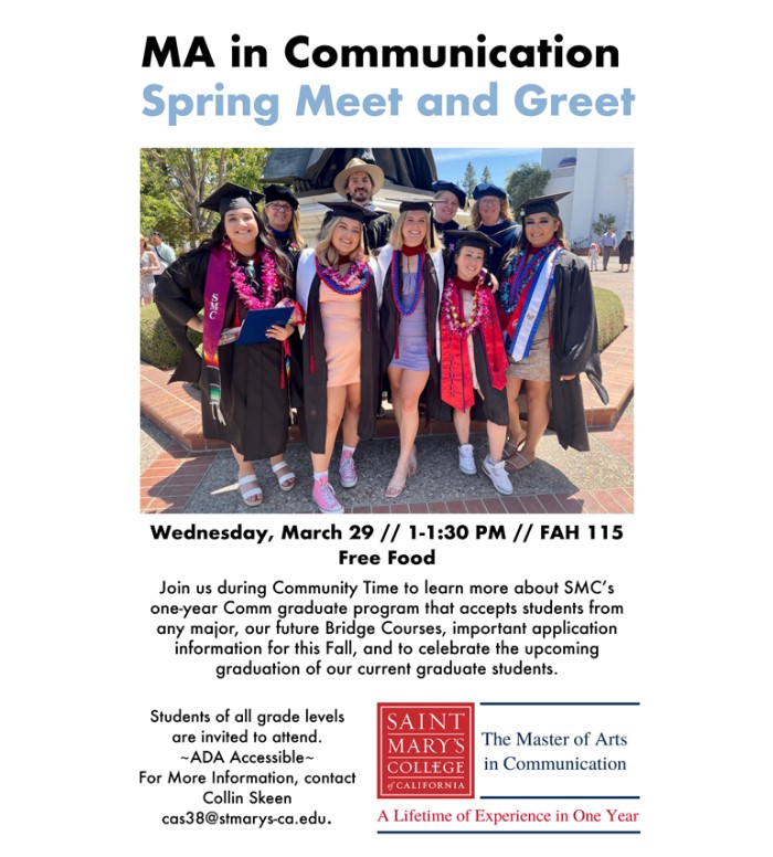Graphic for the MA in Communication Spring Meet and Greet highlighting last year's cohort.