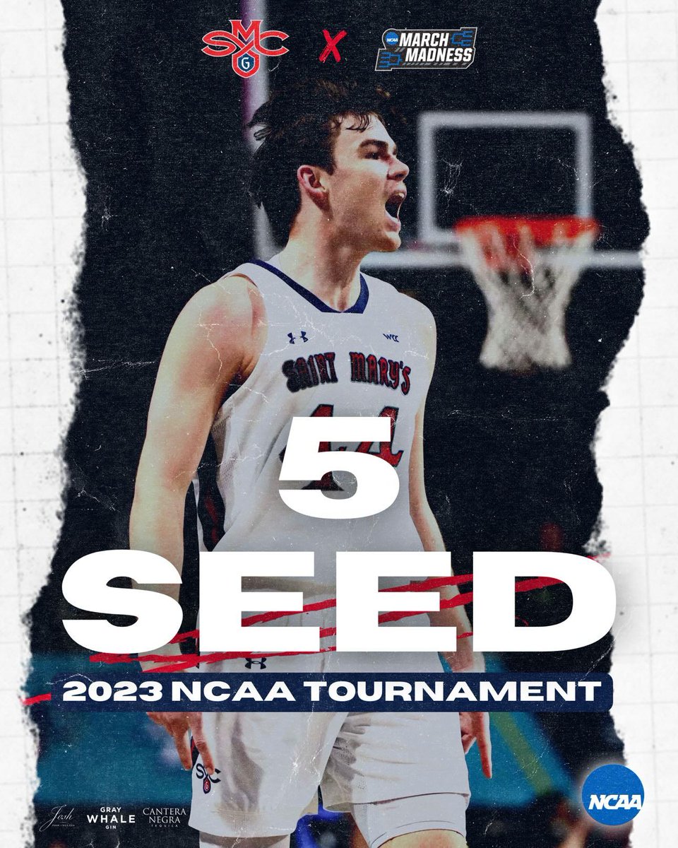 Basketball player Alex Ducas, SMC Logo, and March Madness logo and words 5 Seed 2023 NCAA Tournament