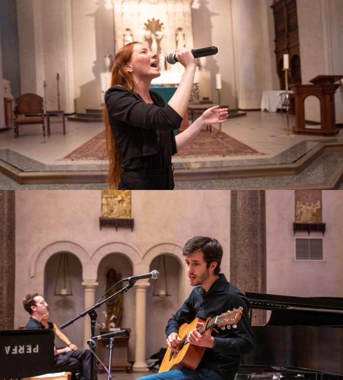 Jessa Lamkin singing into a mic and Alex Rutter playing guitar while singing in the SMC Chapel
