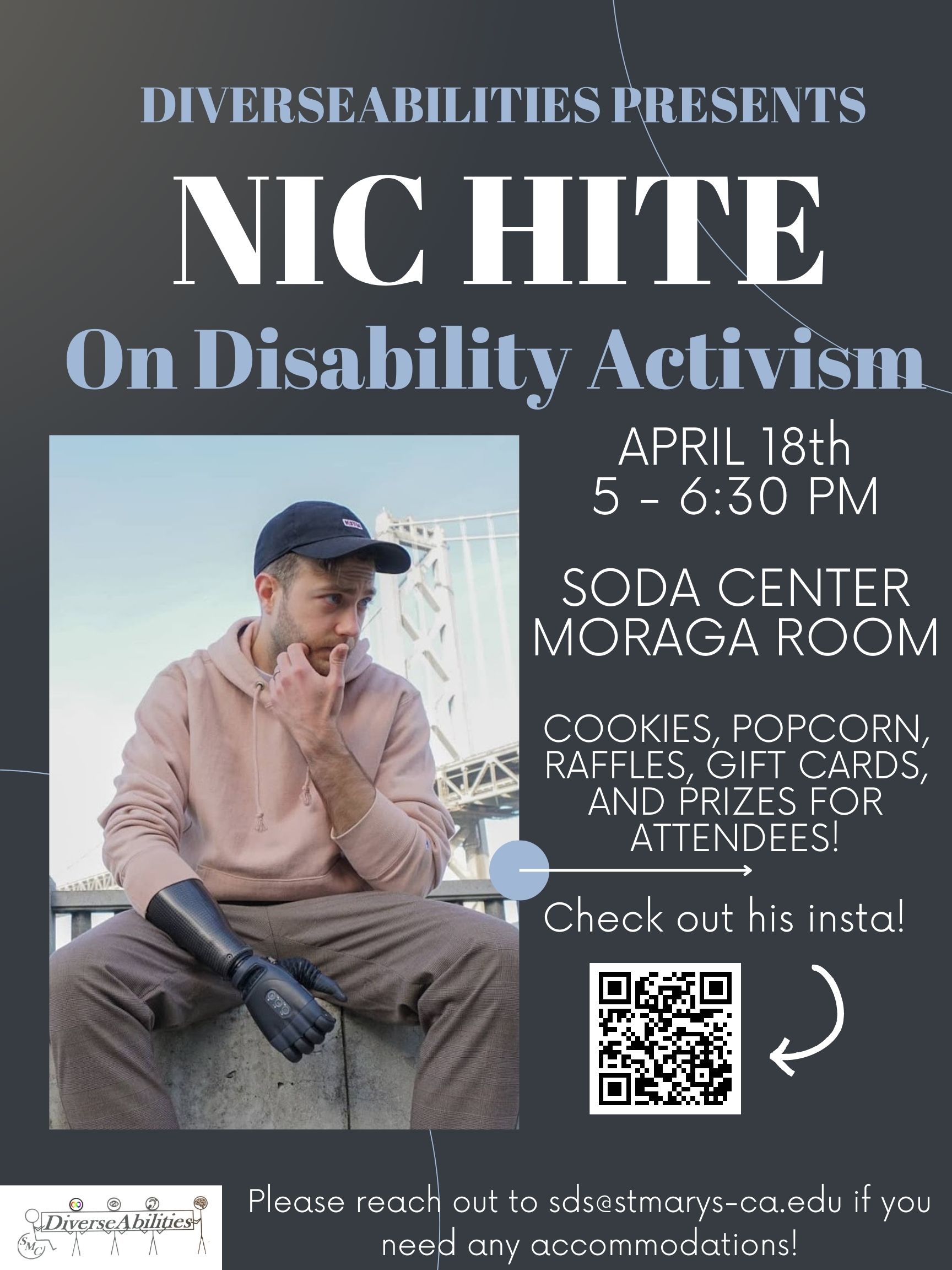 DiverseAbilities Presents Nic Hite On Disability Activism. Picture of Nic sitting on a wall with a bridge behind him, wearing his prosthetic arm