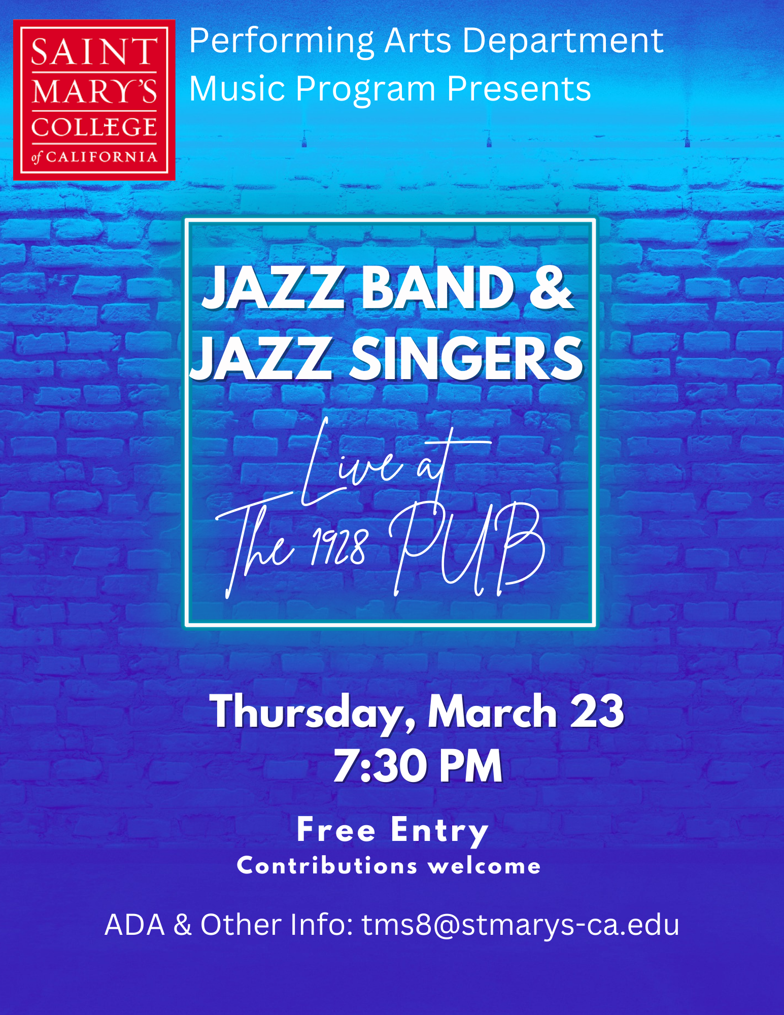 Blue Flyer with information for Jazz Band and Jazz Singers concert on March 23 at 7:30 in The Pub