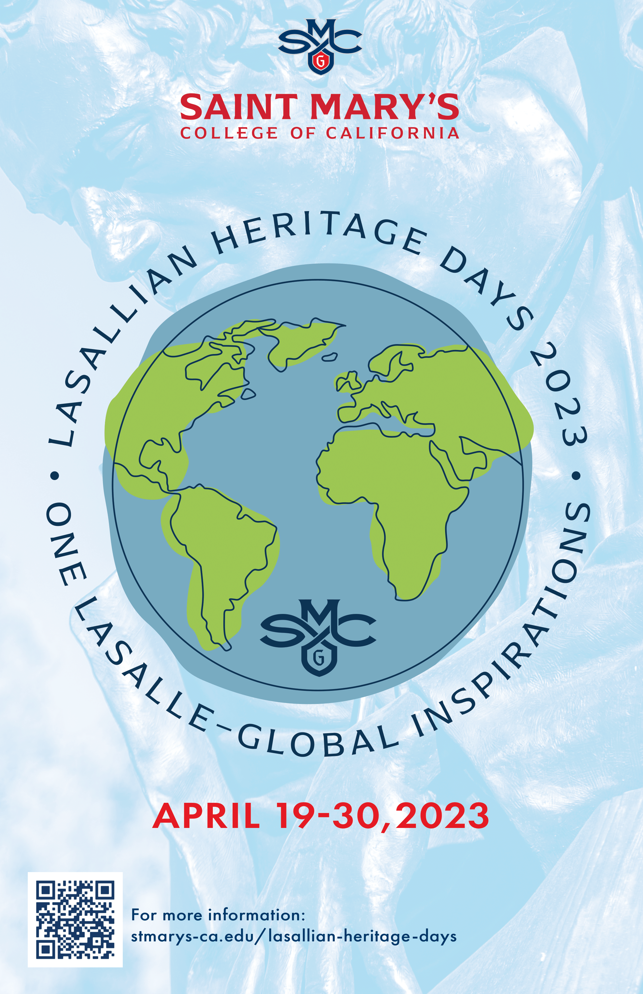 Image of a hand drawn globe against a light blue background with a transparent image of St. Jean Baptist de Lasalle and the words Lasallian Heritage Days 2023, One LaSalle-Global-Inspirations, April 19-30, 2023