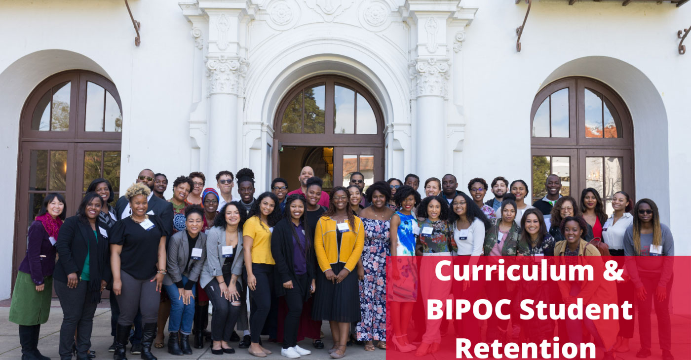 students in front of college with curriculum and bipoc student retention text