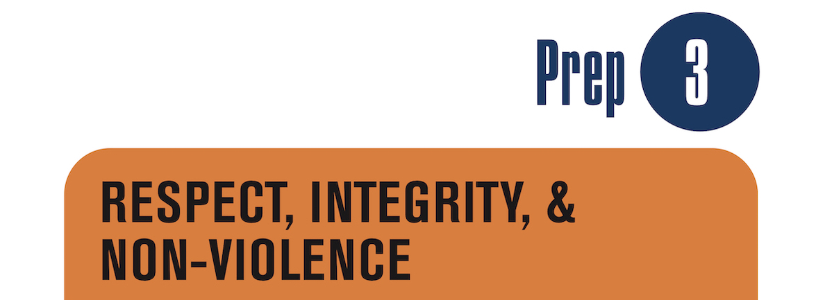 Card with words: Prep 3: Respect, Integrity & Non-Violence