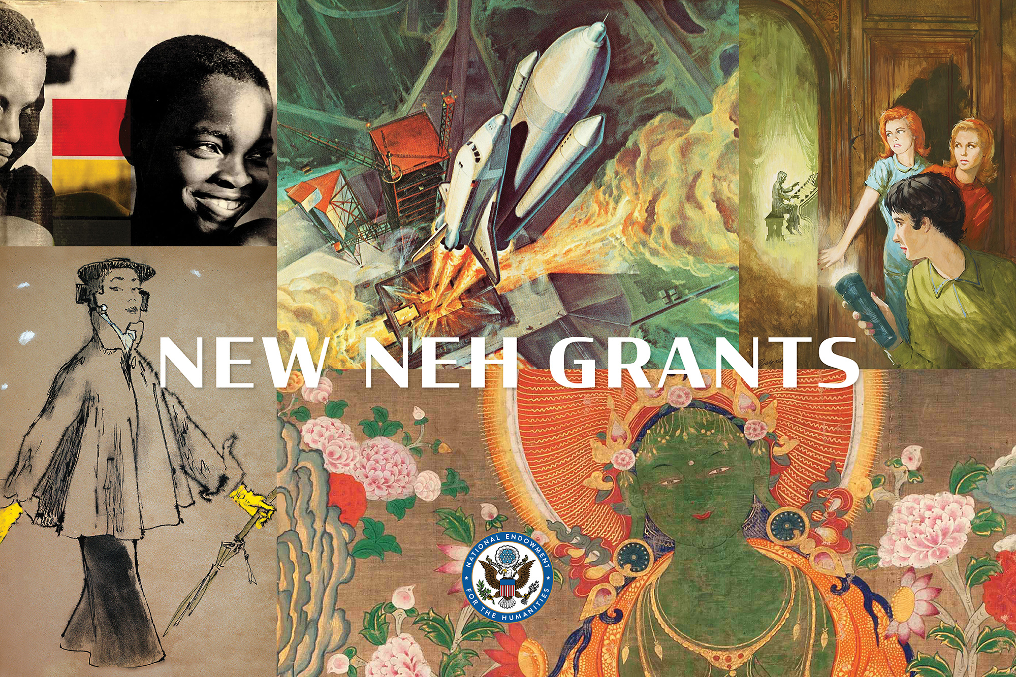New NEH Grants (April 2023) with image of space shuttle, paintings, etc.