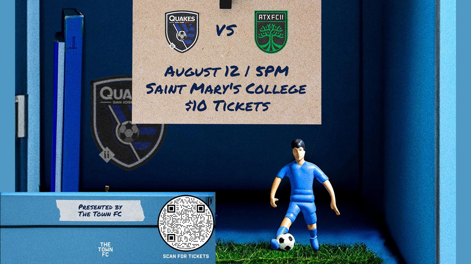 Soccer player figure with sign for Earthquakes II game at Saint Mary's August 12