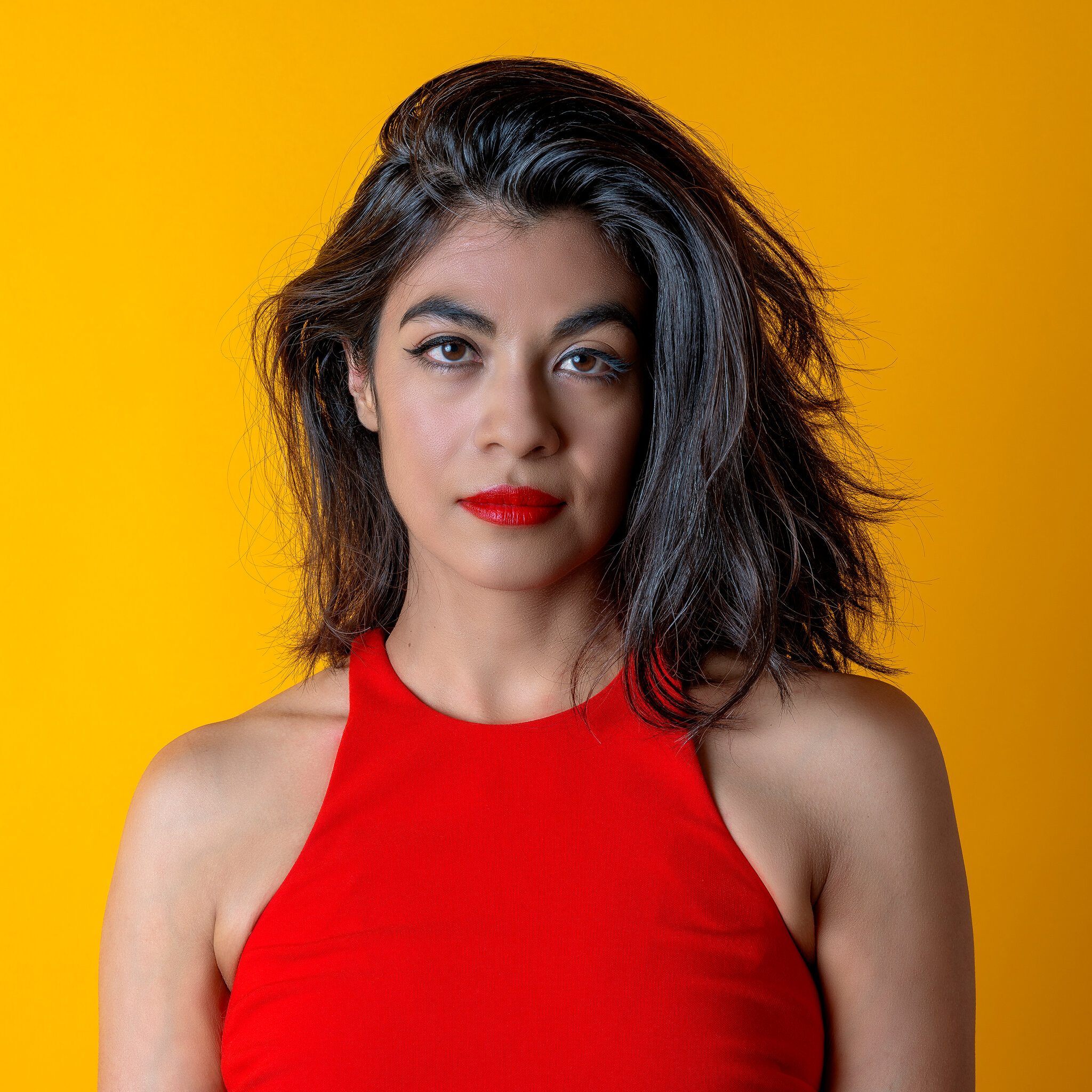 Headshot of Visiting Writer Ingrid Rojas Contreras on a yellow background.