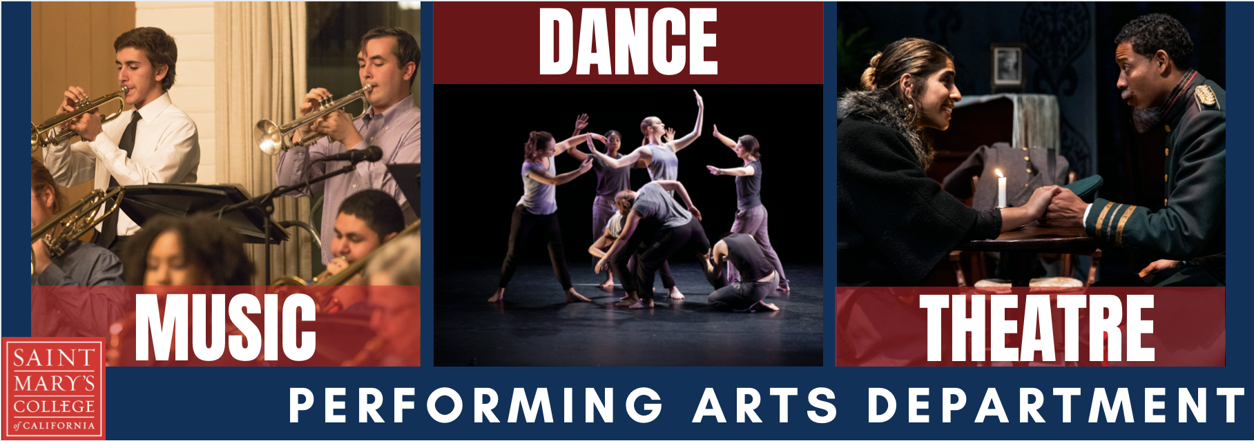Performing Arts header with students acting, singing, and playing music