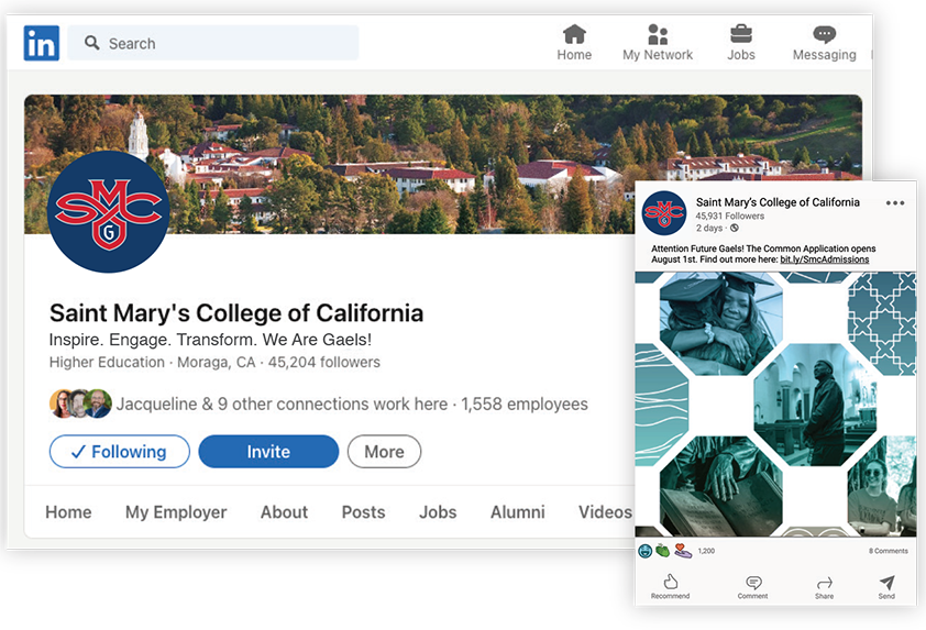Saint Mary's LinkedIn profile with a grid of octagons