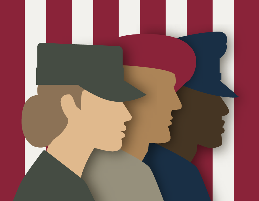 Picture of 3 veterans in front of red and white stripes