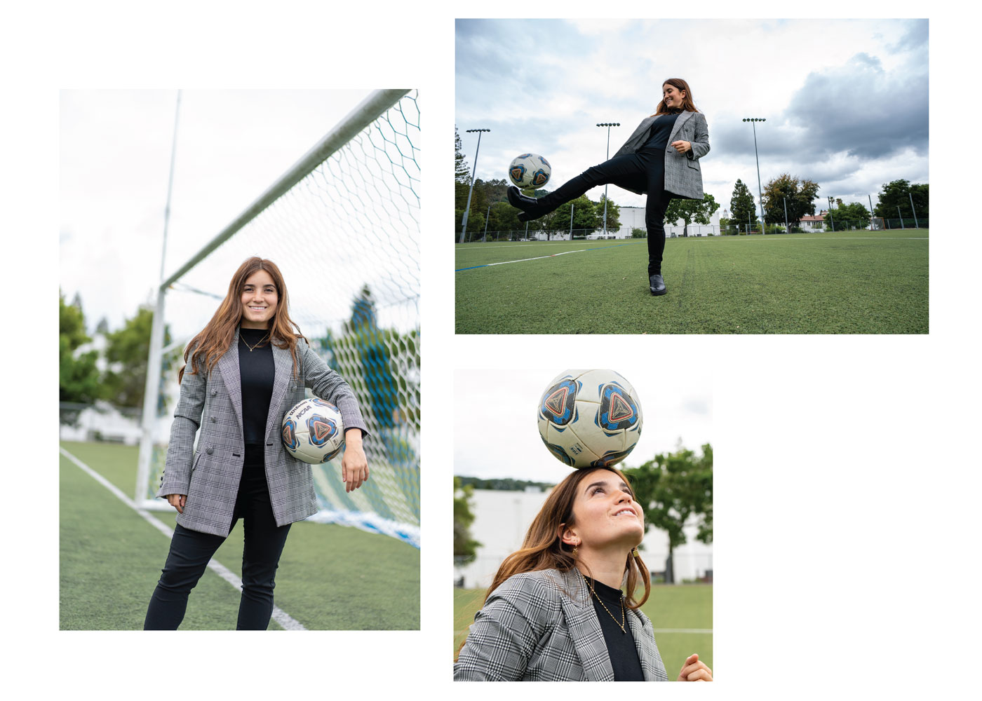 A student with a soccer ball wearing a suit in multiple formats