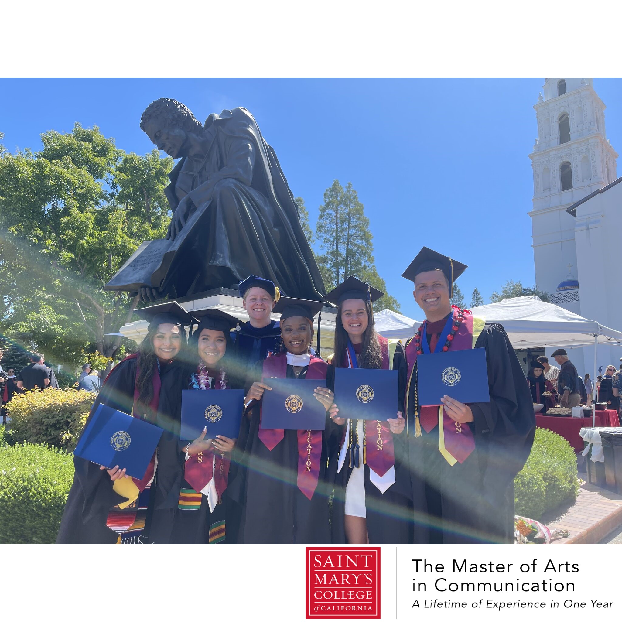 Group photo of the 2023 graduating cohort in SMC's MA in Comm featuring the 5 students in graduation garb along with Program Director Dr. Hefner in regalia.