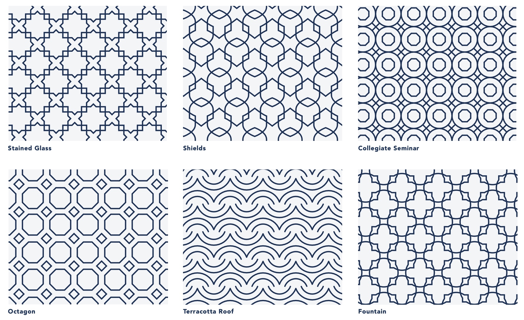 Six official patterns from the Saint Mary's branding identity guidelines - August 2023