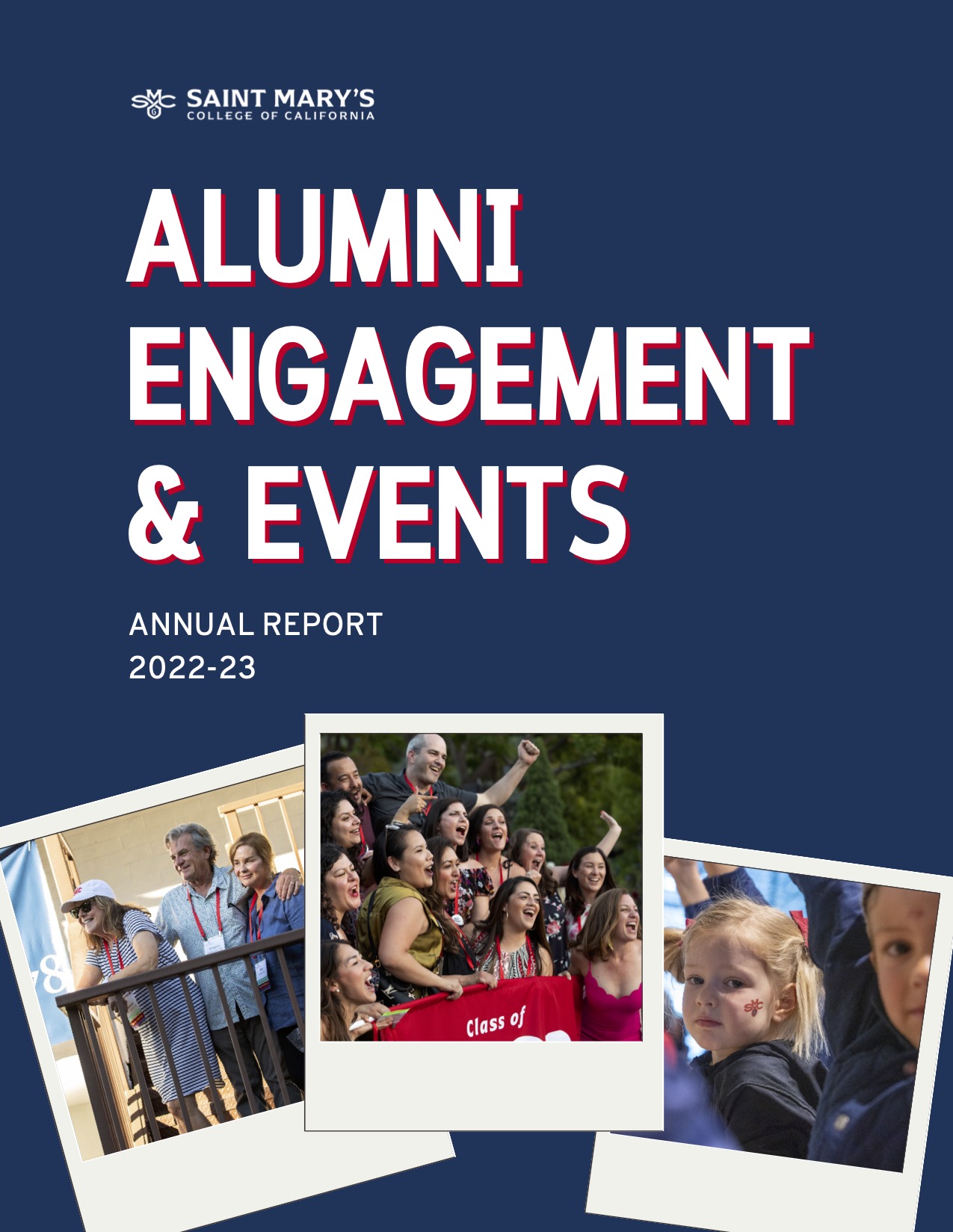 Cover of annual report: reading &quot;Alumni Engagement &amp; Events: Annual Report 2022-23&quot; with three photos of alumni and children