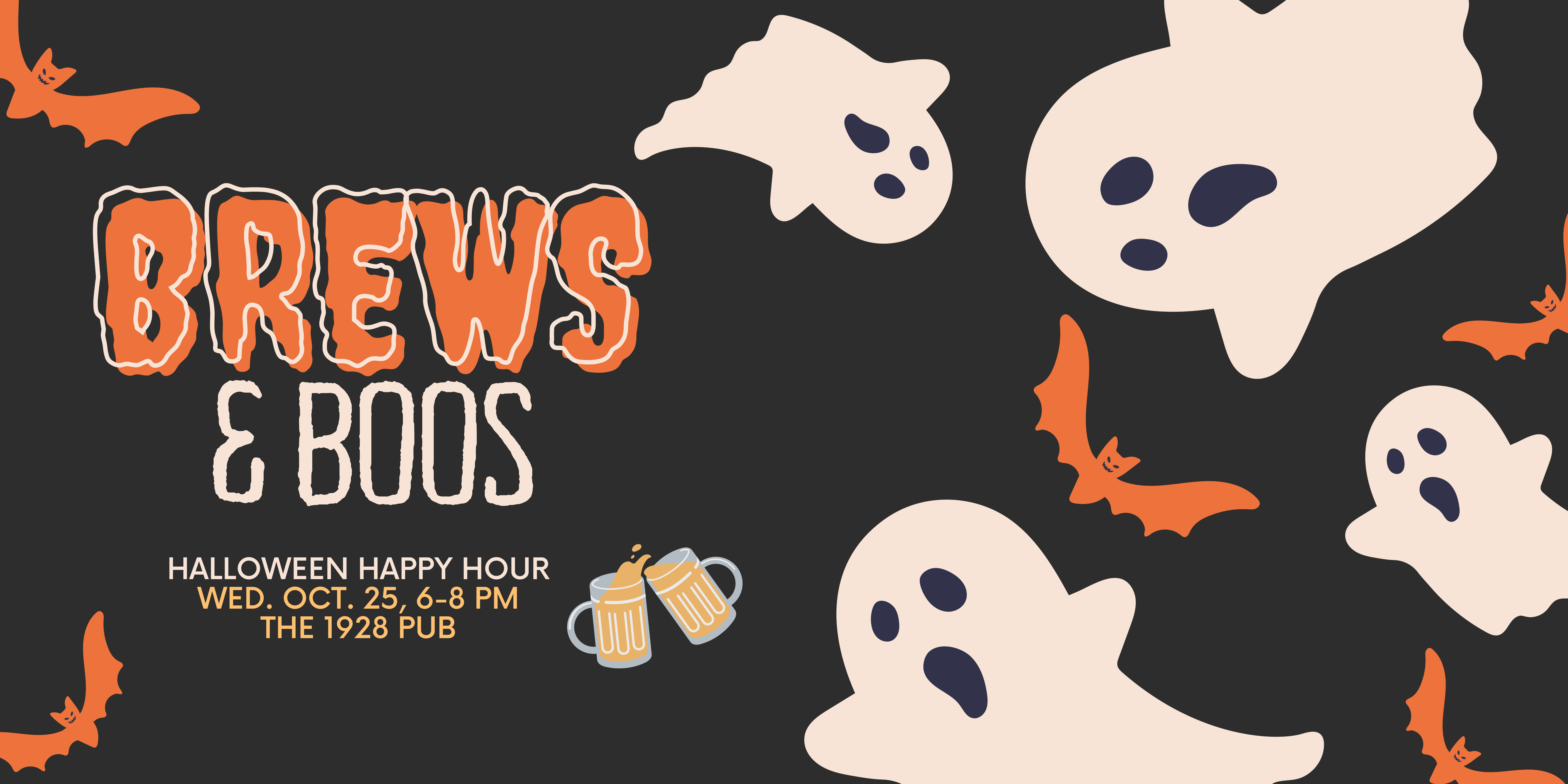 Brews &amp; Boos - halloween happy hour, with images of ghosts and bats