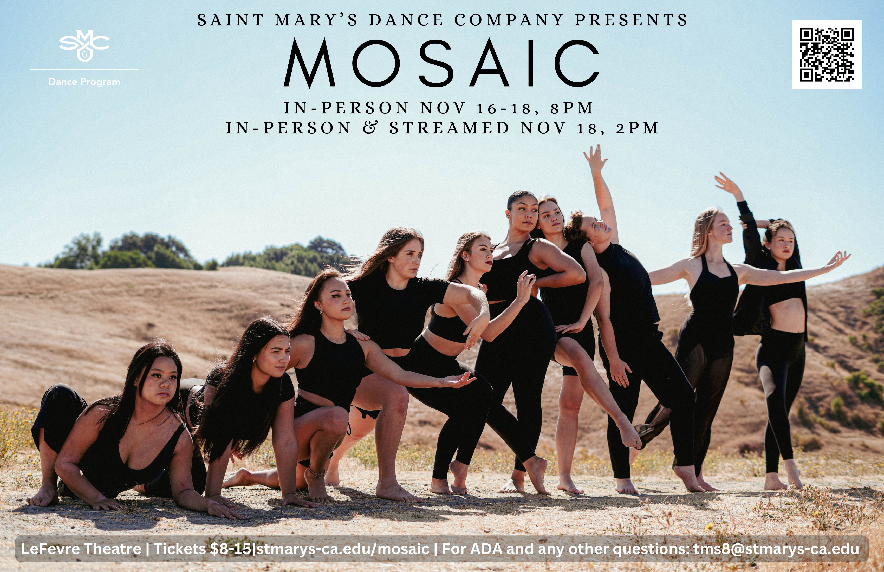 10 different female dancers posing/doing still dance moves in a row, all together, out in the Moraga hills. Above the dancers, written against the blue sky, text reads "Saint Mary's Dance Company Presents: Mosaic"