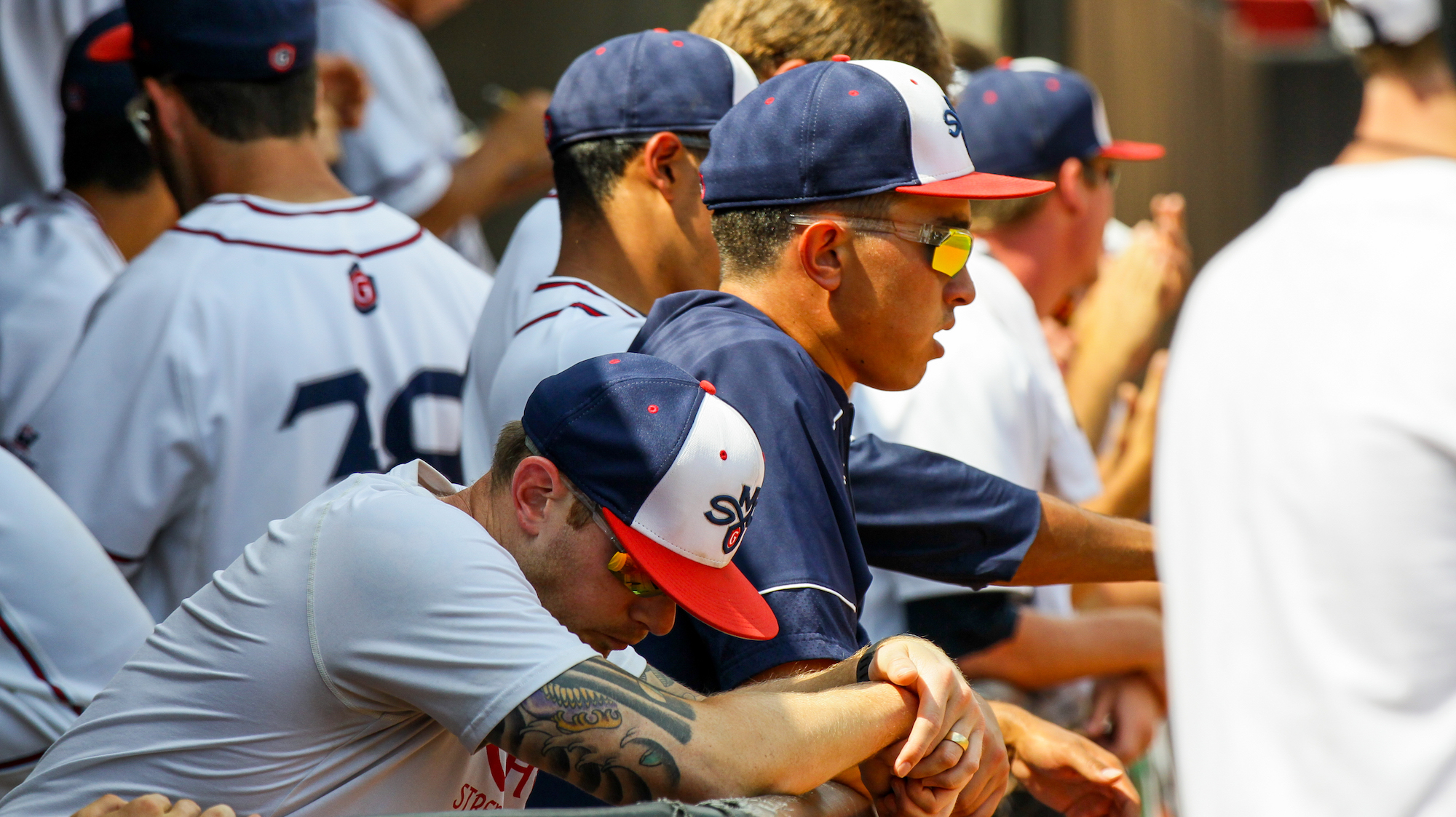 Max Molz (center) in the dugout during a NCAA Regional in 2016