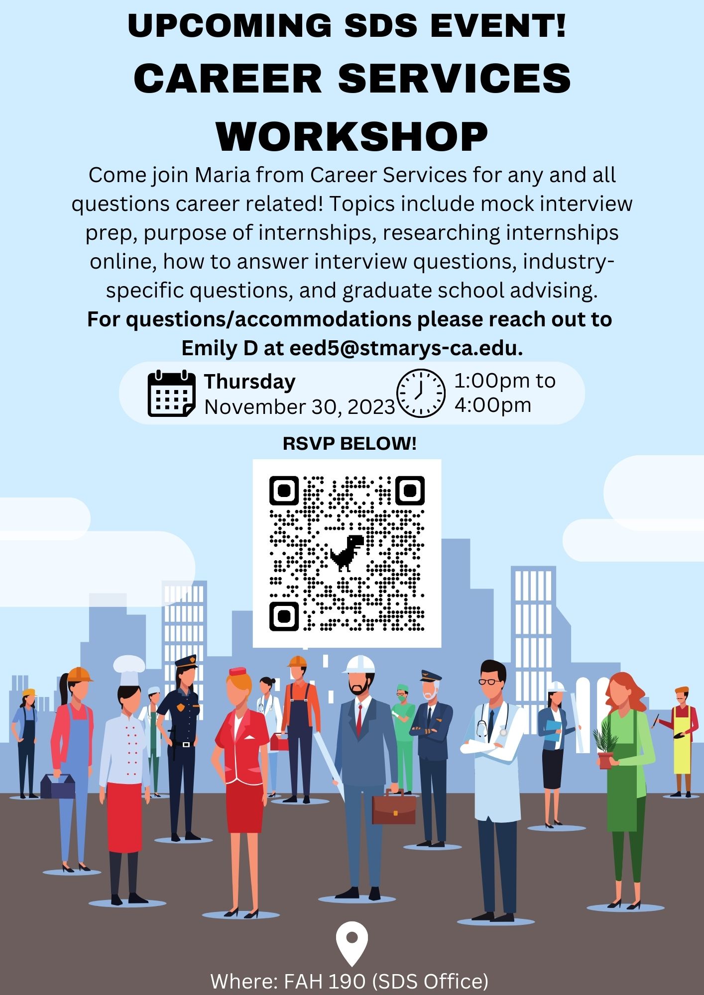SDS Career Services Workshop Drop In Flier 11/30/23 1-4pm