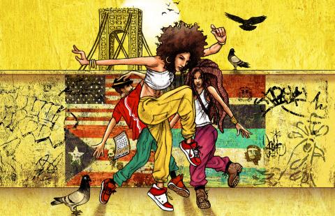 An illustrated, vibrant-yellow header of multiple dancers for In the Heights. Behind them, a mural with the multiple flags like Puerto Rico and the United States