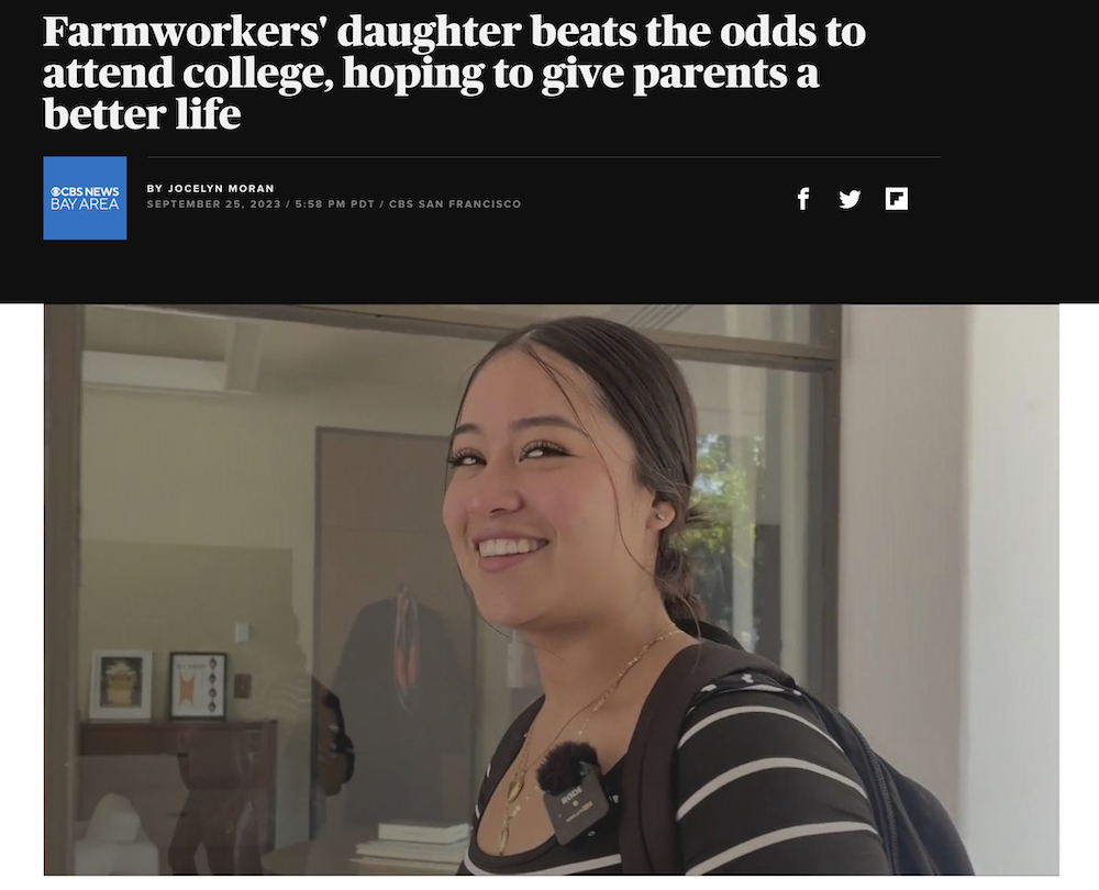 Student Mayra Jimenez underneath headline "Farmworkers' daughter beats the odds" from CBS News