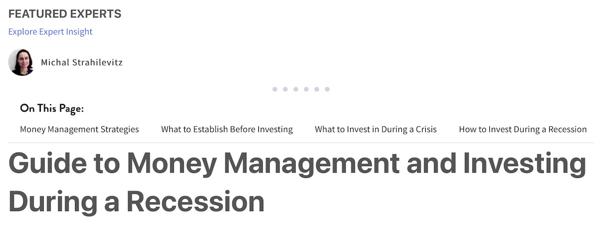 Michal Strahelovitz and text, "Guide to Money Management and Investing During a Recession"