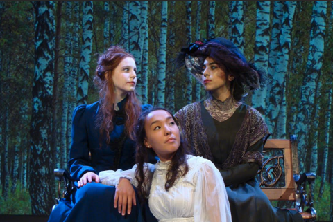 A group photo of three old-time women posed behind a forest background. 