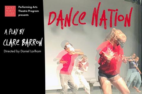 A poster for "Dance Nation" which shows red-shirted dancers looking blurry
